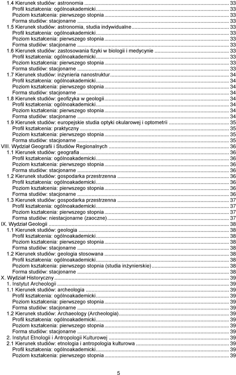 .. 35 Profil kształcenia: praktyczny... 35... 35... 35 VIII. Wydział Geografii i Studiów Regionalnych... 36 1.1 Kierunek studiów: geografia... 36... 36... 36... 36 1.2 Kierunek studiów: gospodarka przestrzenna.