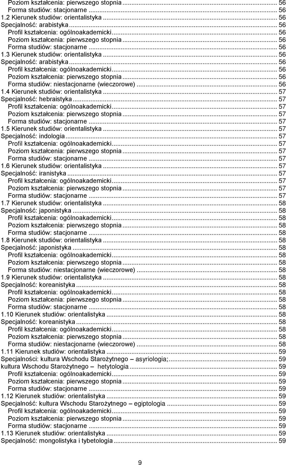 .. 57 Specjalność: iranistyka... 57... 57... 57... 57 1.7 Kierunek studiów: orientalistyka... 58 Specjalność: japonistyka... 58... 58... 58... 58 1.8 Kierunek studiów: orientalistyka.