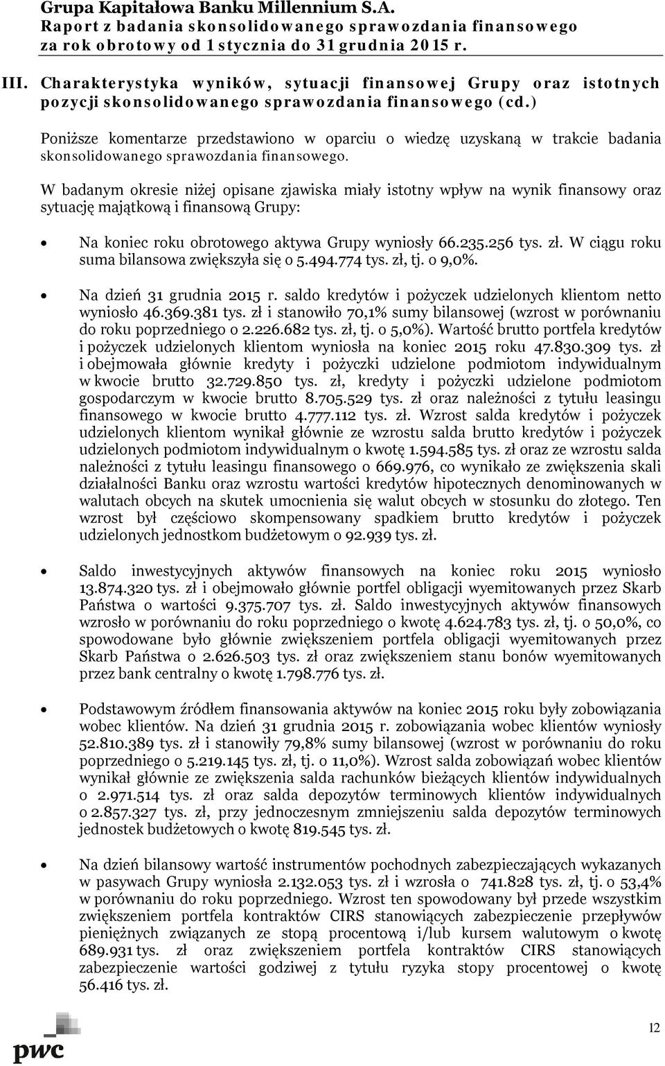 W badanym okresie niżej opisane zjawiska miały istotny wpływ na wynik finansowy oraz sytuację majątkową i finansową Grupy: Na koniec roku obrotowego aktywa Grupy wyniosły 66.235.256 tys. zł.