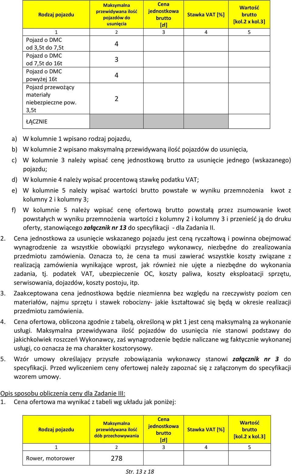 3,5t 2 ŁĄCZNIE a) W kolumnie 1 wpisano rodzaj pojazdu, b) W kolumnie 2 wpisano maksymalną przewidywaną ilość pojazdów do usunięcia, c) W kolumnie 3 należy wpisać cenę jednostkową brutto za usunięcie