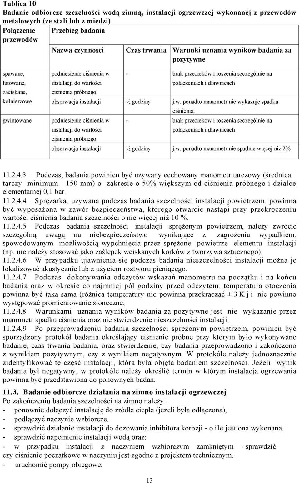 dławnicach kołnierzowe obserwacja instalacji ½ godziny j.w. ponadto manometr nie wykazuje spadku gwintowane podniesienie ciśnienia w instalacji do wartości ciśnienia próbnego ciśnienia, - brak