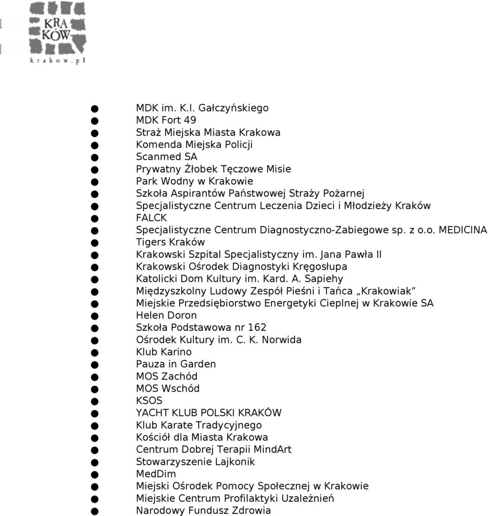 Specjalistyczne Centrum Leczenia Dzieci i Młodzieży Kraków FALCK Specjalistyczne Centrum Diagnostyczno-Zabiegowe sp. z o.o. MEDICINA Tigers Kraków Krakowski Szpital Specjalistyczny im.