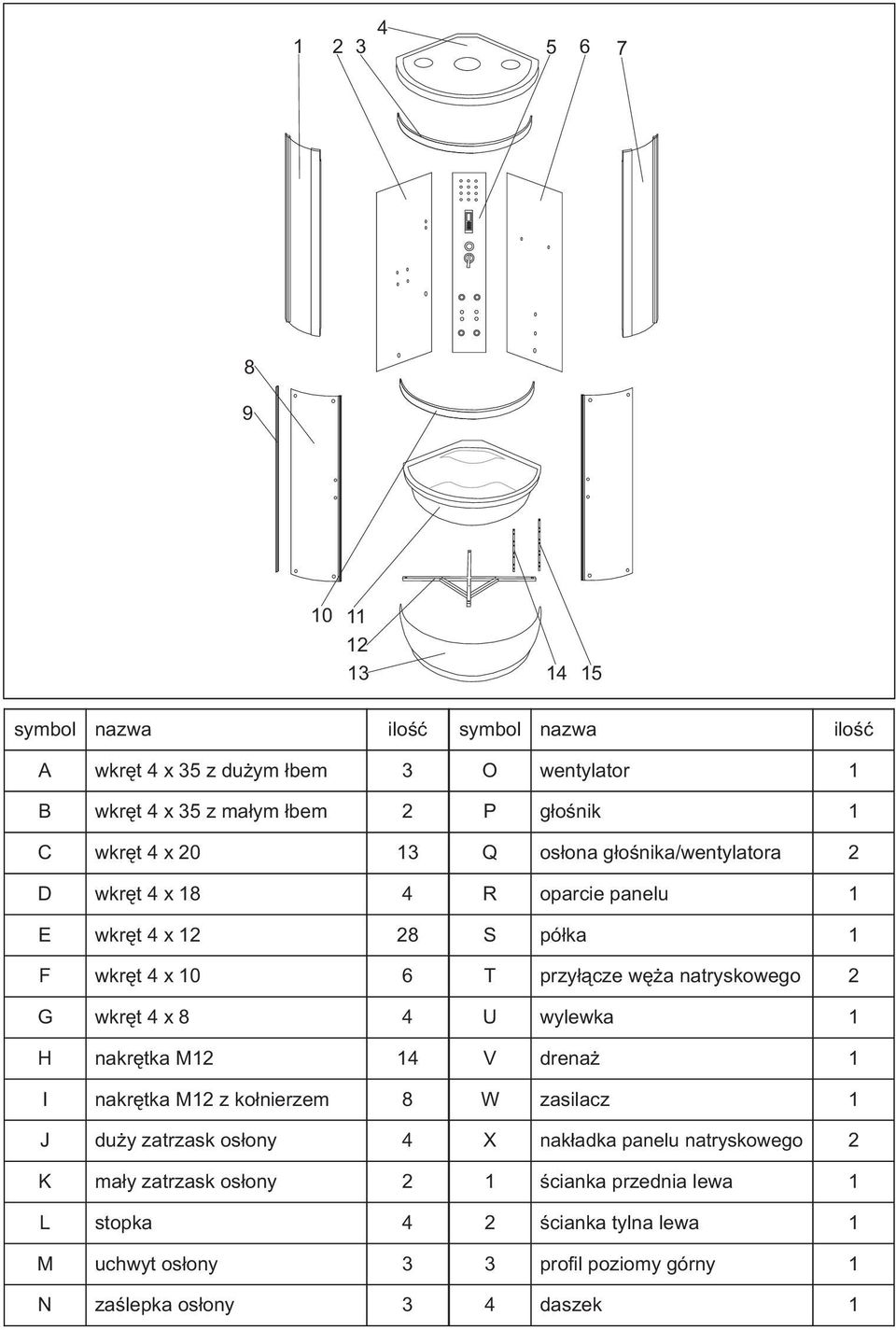 osłony 3 N zaślepka osłony 3 symbol nazwa ilość O wentylator 1 P głośnik 1 Q osłona głośnika/wentylatora 2 R oparcie panelu 1 S półka 1 T przyłącze węża