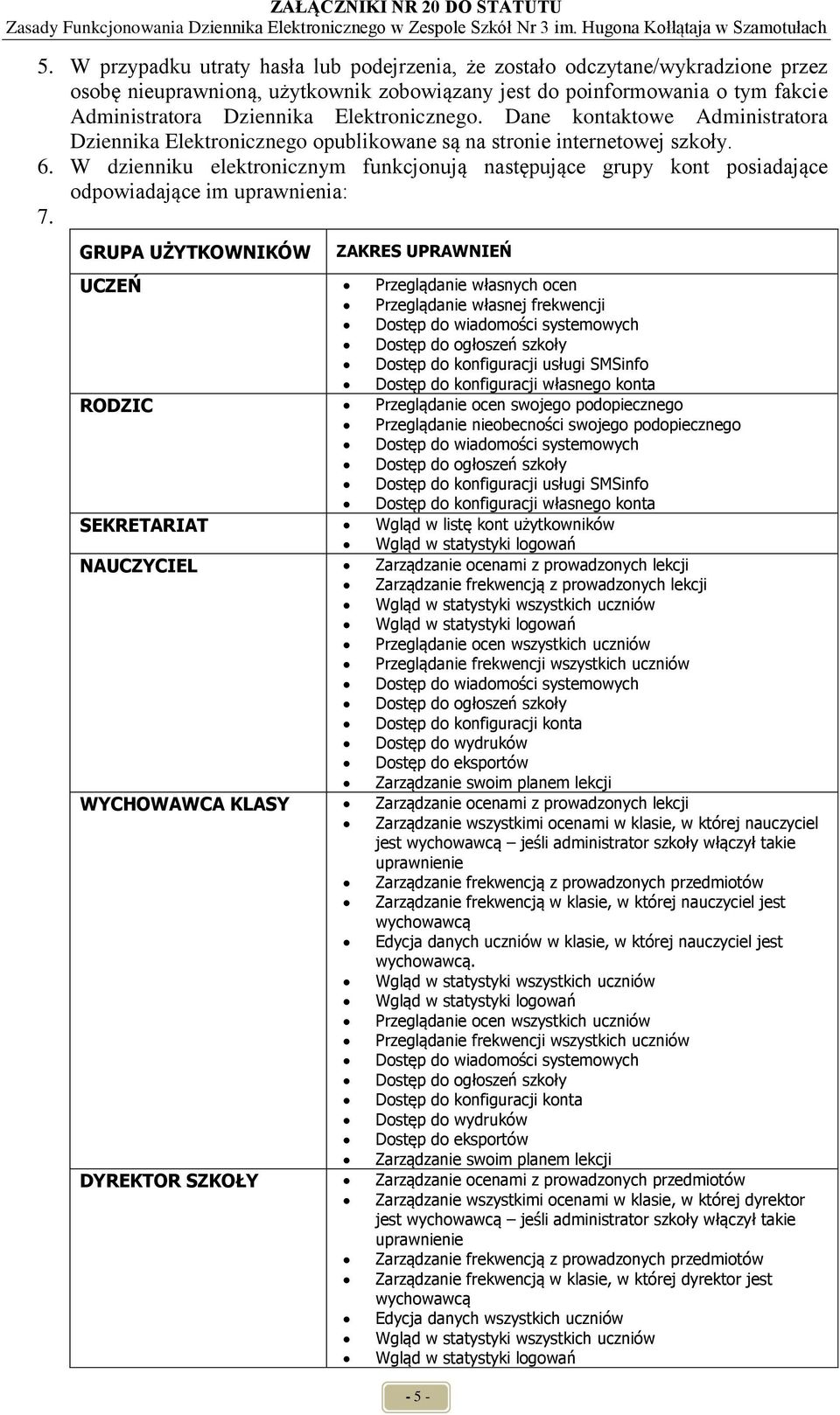 W dzienniku elektronicznym funkcjonują następujące grupy kont posiadające odpowiadające im uprawnienia: 7.