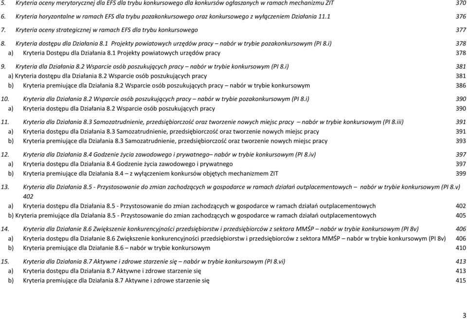 Kryteria dostępu dla Działania 8.1 Projekty powiatowych urzędów pracy nabór w trybie pozakonkursowym (PI 8.i) 378 a) Kryteria Dostępu dla Działania 8.1 Projekty powiatowych urzędów pracy 378 9.