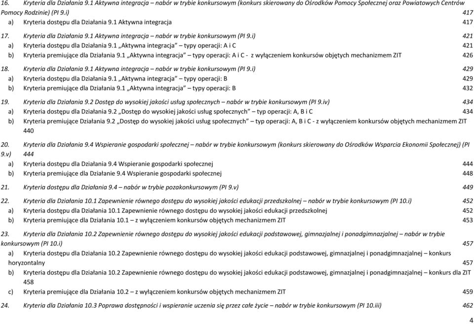 1 Aktywna integracja typy operacji: A i C 421 b) Kryteria premiujące dla Działania 9.1 Aktywna integracja typy operacji: A i C - z wyłączeniem konkursów objętych mechanizmem ZIT 426 18.