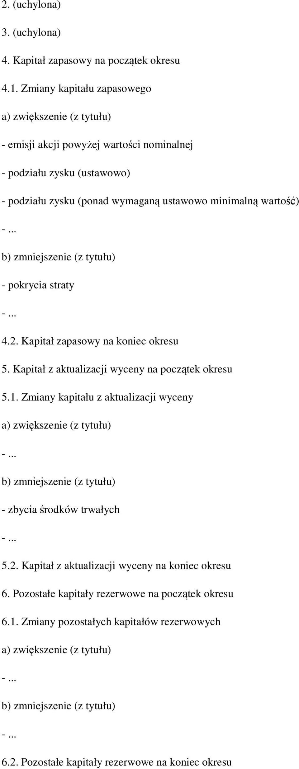 zmniejszenie (z tytułu) - pokrycia straty 4.2. Kapitał zapasowy na koniec okresu 5. Kapitał z aktualizacji wyceny na początek okresu 5.1.