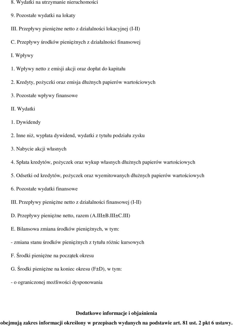 Inne niż, wypłata dywidend, wydatki z tytułu podziału zysku 3. Nabycie akcji własnych 4. Spłata kredytów, pożyczek oraz wykup własnych dłużnych papierów wartościowych 5.