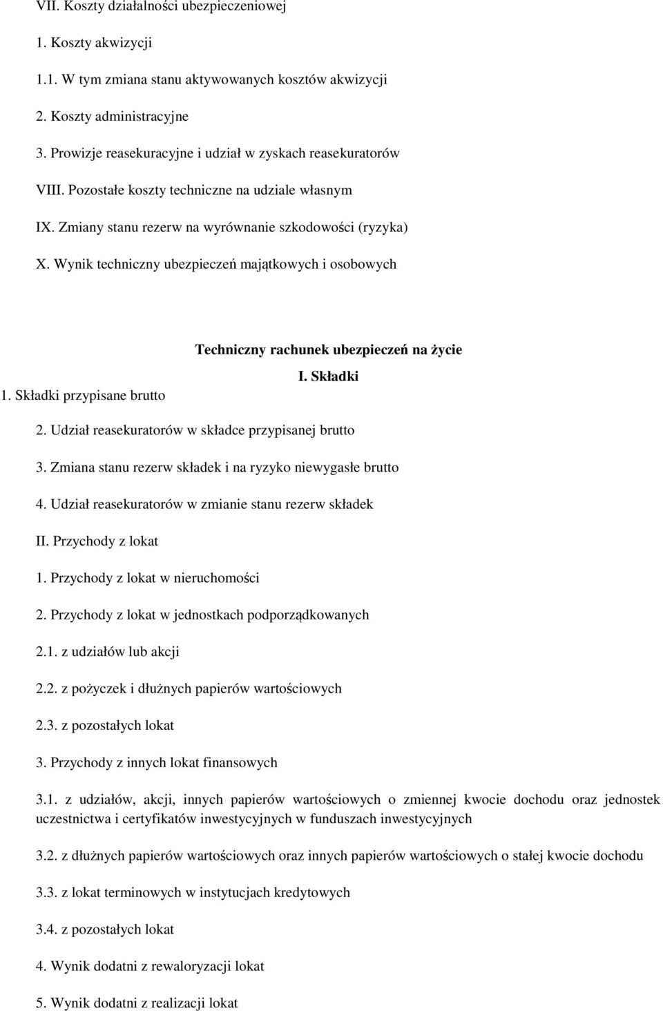 Wynik techniczny ubezpieczeń majątkowych i osobowych 1. Składki przypisane brutto Techniczny rachunek ubezpieczeń na życie I. Składki 2. Udział reasekuratorów w składce przypisanej brutto 3.