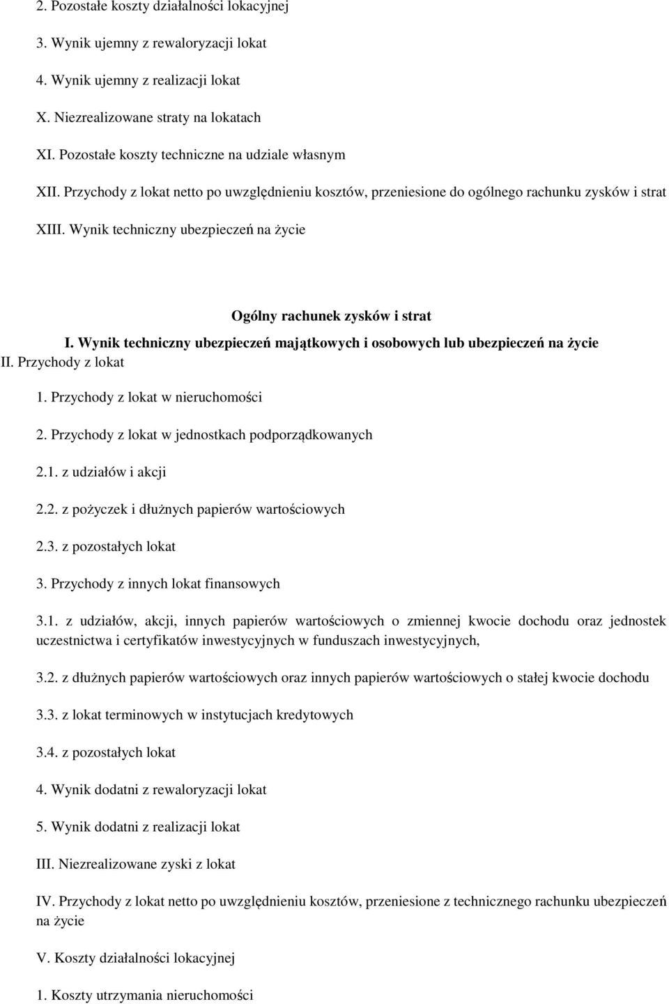 Wynik techniczny ubezpieczeń na życie Ogólny rachunek zysków i strat I. Wynik techniczny ubezpieczeń majątkowych i osobowych lub ubezpieczeń na życie II. Przychody z lokat 1.