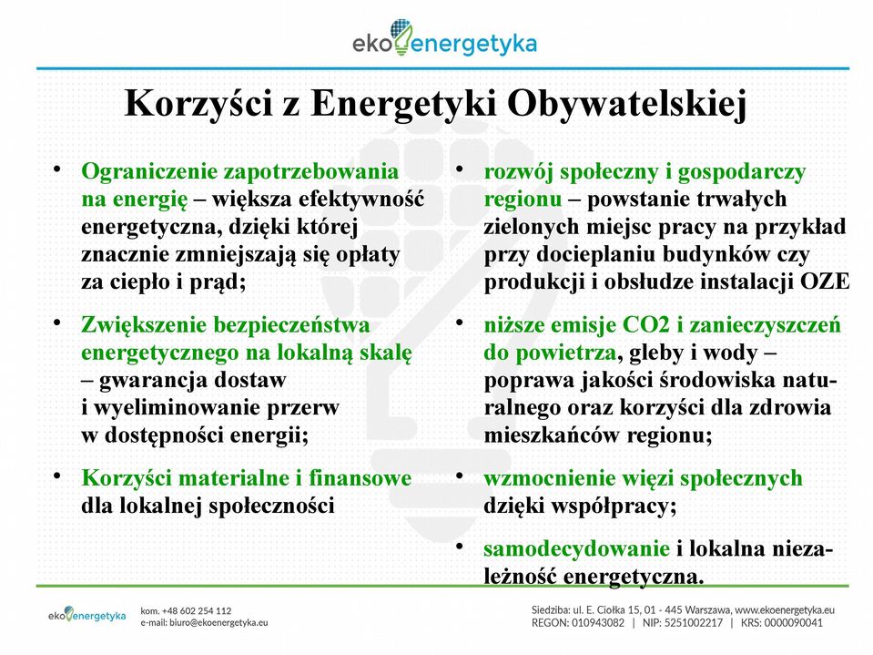 gospodarczy regionu powstanie trwałych zielonych miejsc pracy na przykład przy docieplaniu budynków czy produkcji i obsłudze instalacji OZE niższe emisje CO2 i zanieczyszczeń do powietrza,