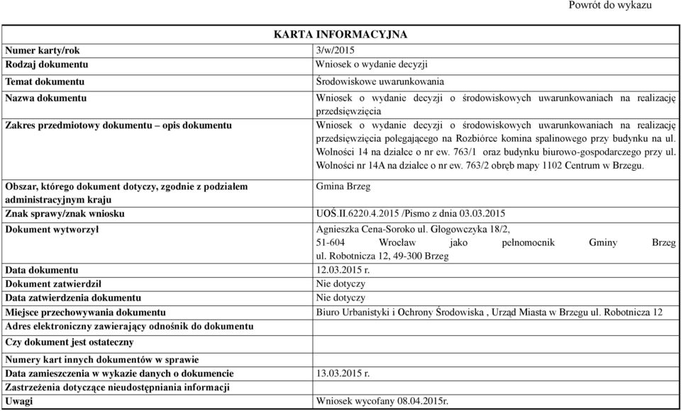 Znak sprawy/znak wniosku UOŚ.II.6220.4.2015 /Pismo z dnia 03.03.2015 Agnieszka Cena-Soroko ul.