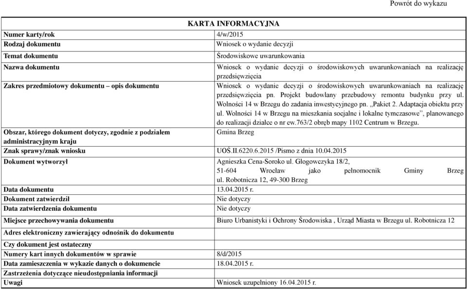 Znak sprawy/znak wniosku UOŚ.II.6220.6.2015 /Pismo z dnia 10.04.2015 Agnieszka Cena-Soroko ul.