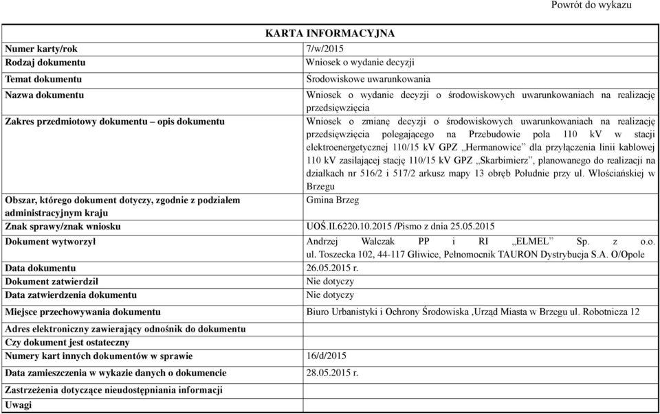 obręb Południe przy ul. Włościańskiej w Brzegu Znak sprawy/znak wniosku UOŚ.II.6220.10.2015 /Pismo z dnia 25.05.2015 Andrzej Walczak PP i RI ELMEL Sp. z o.o. ul. Toszecka 102, 44-117 Gliwice, Pełnomocnik TAURON Dystrybucja S.