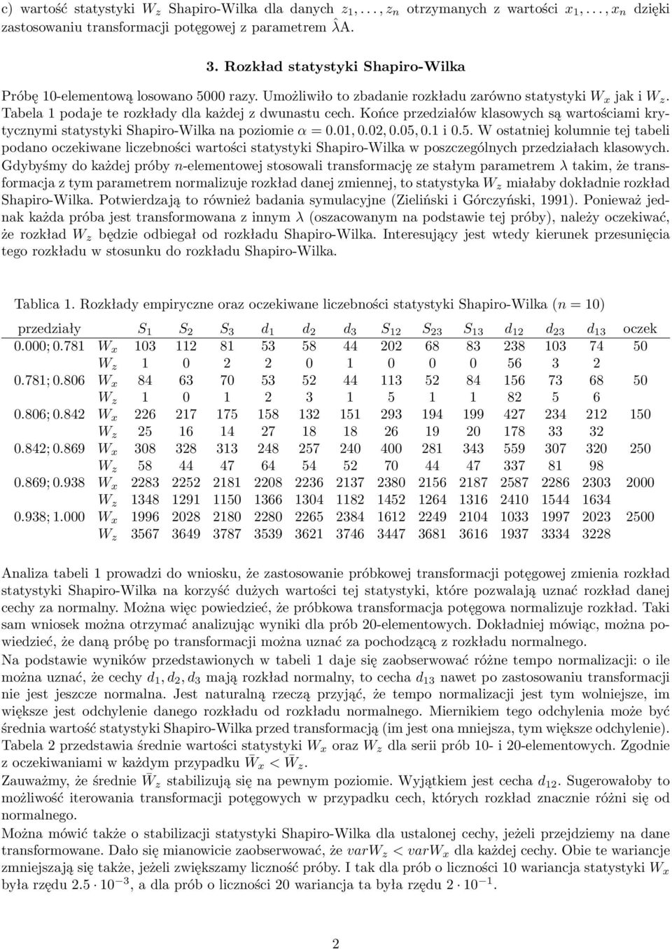 Końce przedziałów klasowych są wartościami krytycznymi statystyki Shapiro-Wilka na poziomie α = 0.01, 0.02, 0.05,