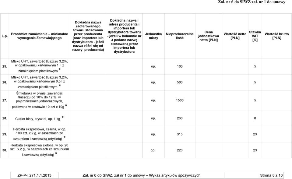 Śmietanka w płynie, zawartość tłuszczu od 10% do 12 %, w pojemniczkach jednorazowych, pakowana w zestawie 10 szt x 10g * op. 100 5 op. 500 5 op. 1500 5 28. Cukier biały, kryształ, op.