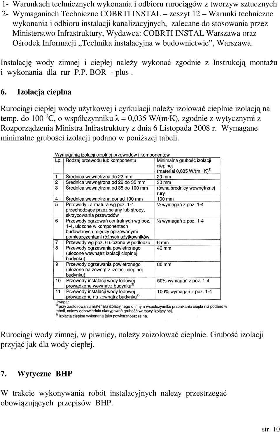 Instalację wody zimnej i ciepłej naleŝy wykonać zgodnie z Instrukcją montaŝu i wykonania dla rur P.P. BOR - plus. 6.