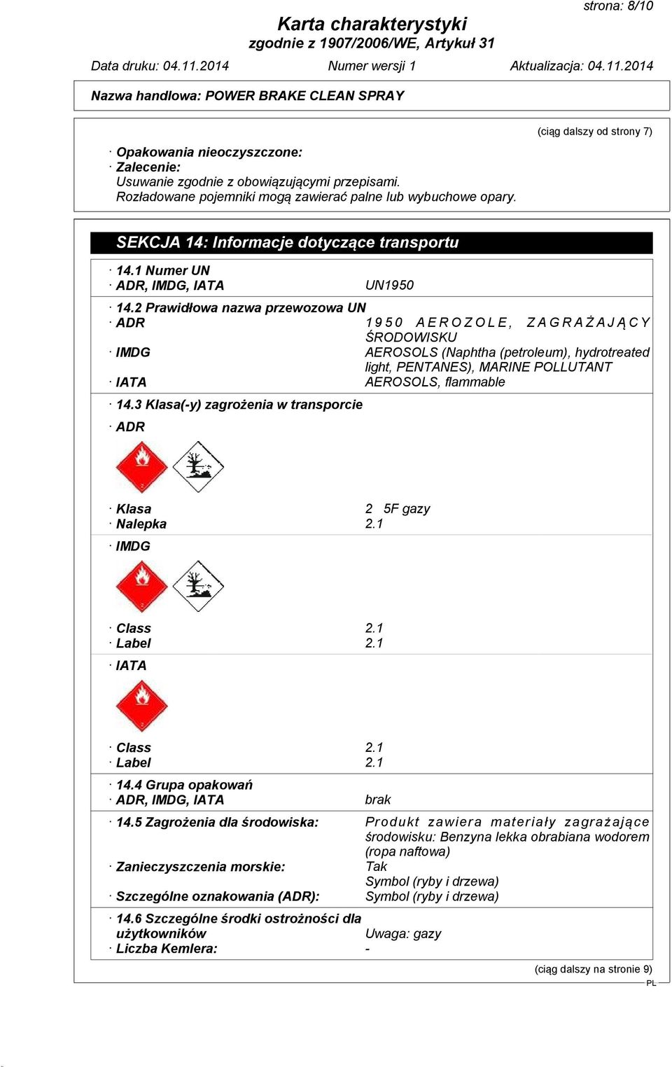 2 Prawidłowa nazwa przewozowa UN ADR 1950 AEROZOLE, ZAGRAŻAJĄCY ŚRODOWISKU IMDG AEROSOLS (Naphtha (petroleum), hydrotreated light, PENTANES), MARINE POLLUTANT IATA AEROSOLS, flammable 14.