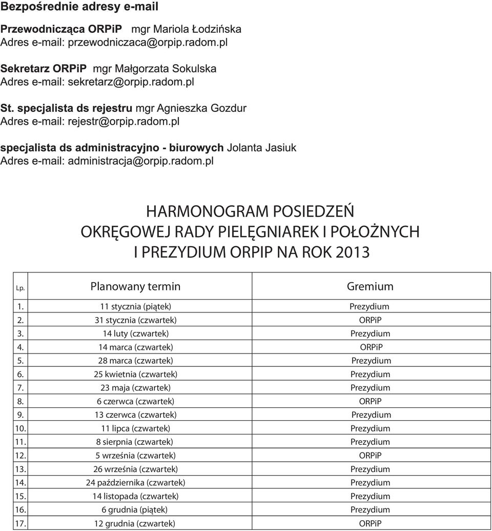 czerwca (czwartek) 11 lipca (czwartek) 8 sierpnia (czwartek) Prezydium ORPiP Prezydium ORPiP Prezydium Prezydium Prezydium ORPiP Prezydium Prezydium Prezydium 12. 13. 14. 15.