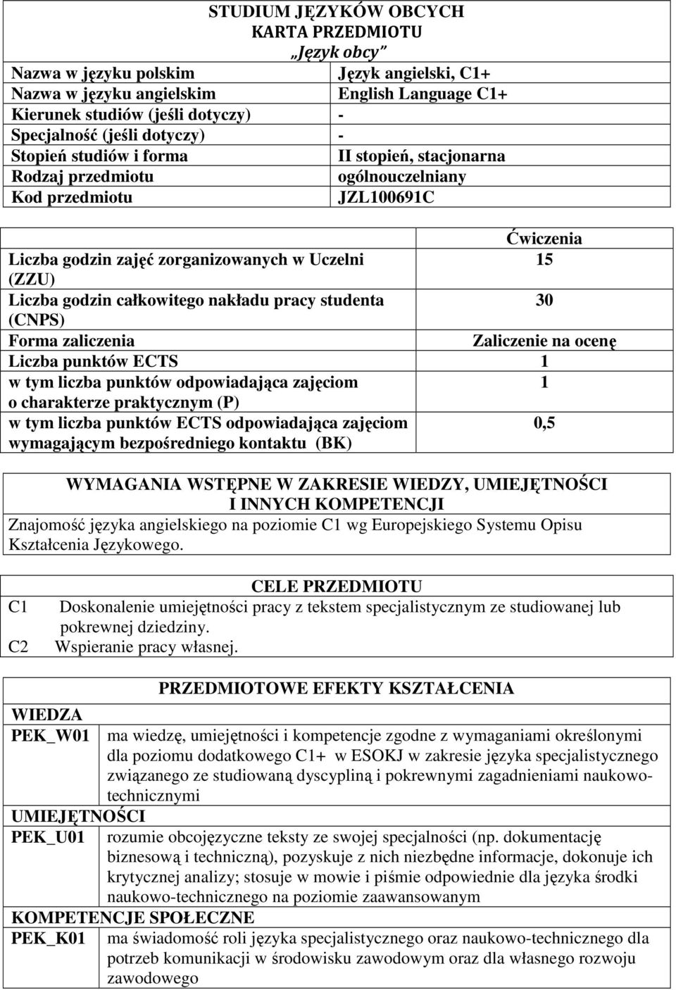 całkowitego nakładu pracy studenta 30 (CNPS) Forma zaliczenia Zaliczenie na ocenę Liczba punktów ECTS 1 w tym liczba punktów odpowiadająca zajęciom 1 o charakterze praktycznym (P) w tym liczba
