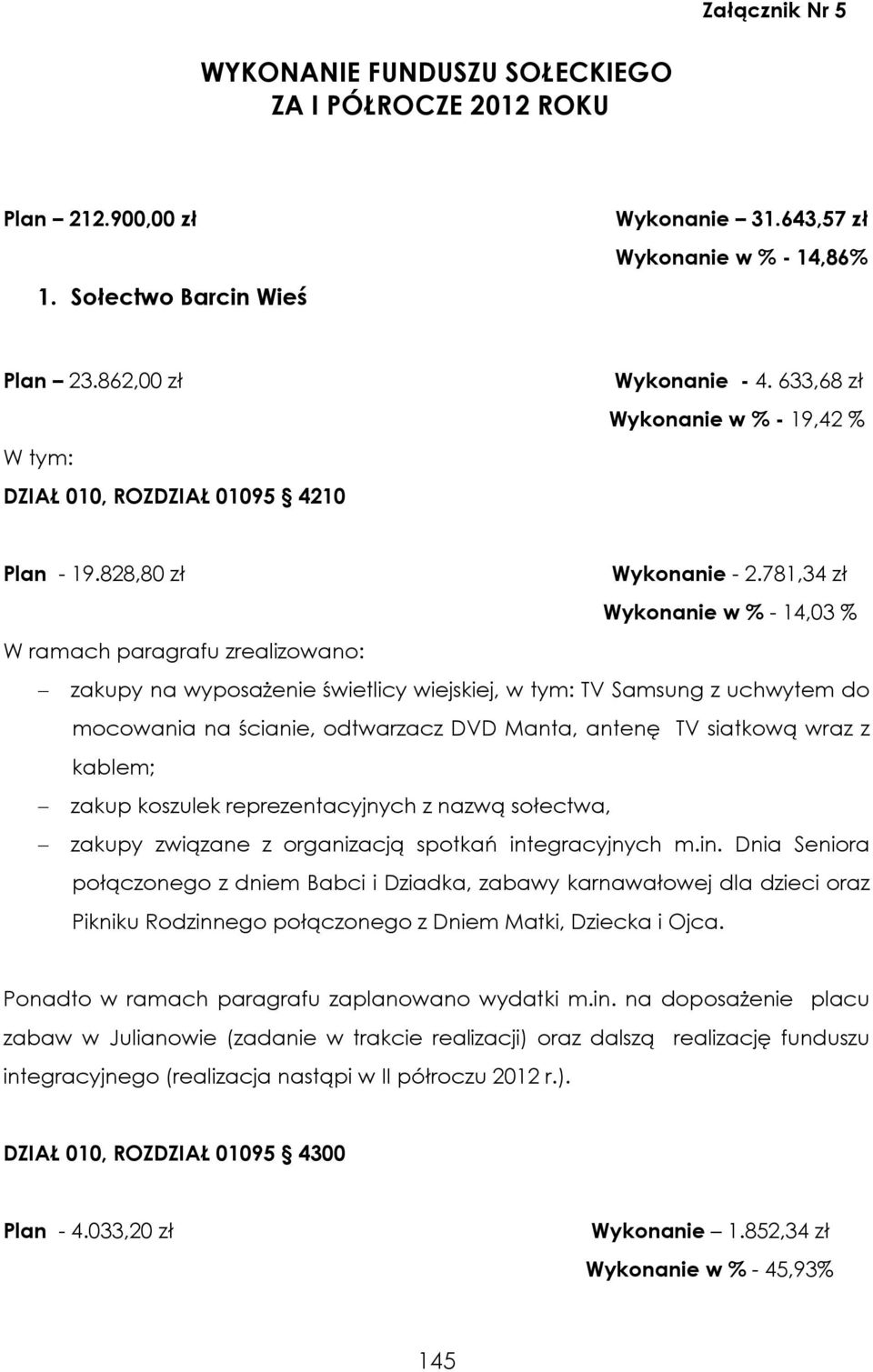 781,34 zł Wykonanie w % - 14,03 % - zakupy na wyposażenie świetlicy wiejskiej, w tym: TV Samsung z uchwytem do mocowania na ścianie, odtwarzacz DVD Manta, antenę TV siatkową wraz z kablem; - zakup