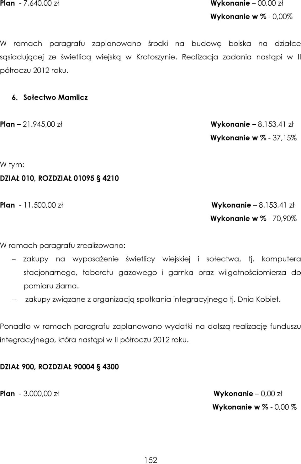 153,41 zł Wykonanie w % - 70,90% - zakupy na wyposażenie świetlicy wiejskiej i sołectwa, tj. komputera stacjonarnego, taboretu gazowego i garnka oraz wilgotnościomierza do pomiaru ziarna.