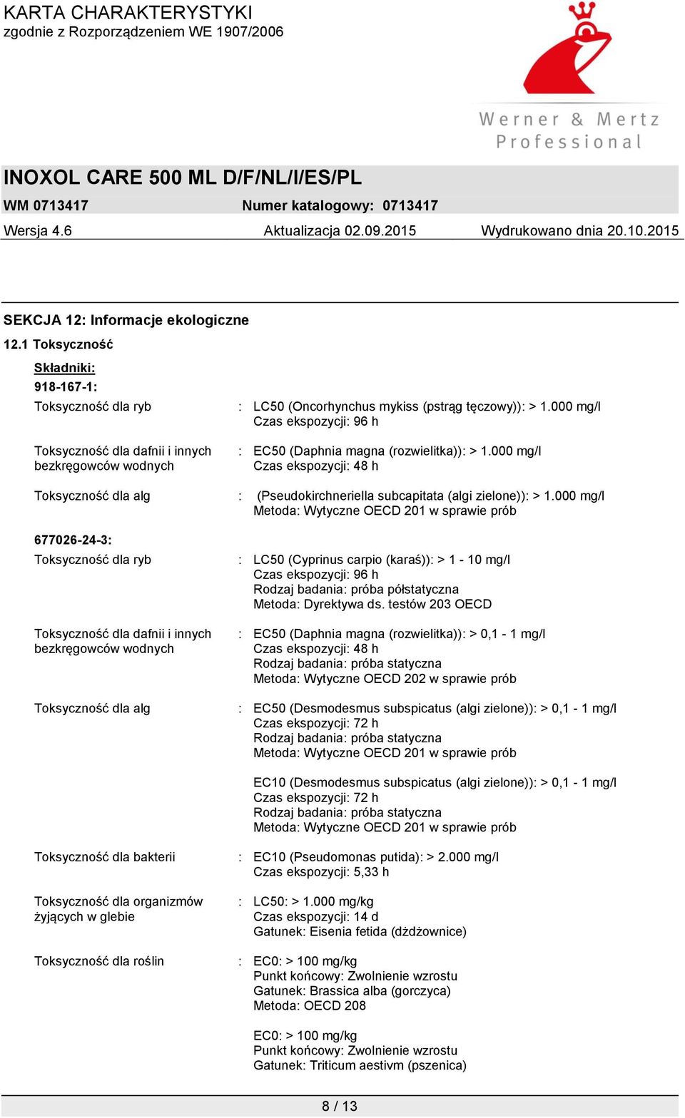 000 mg/l Metoda: Wytyczne OECD 201 w sprawie prób 677026-24-3: Toksyczność dla ryb Toksyczność dla dafnii i innych bezkręgowców wodnych Toksyczność dla alg : LC50 (Cyprinus carpio (karaś)): > 1-10