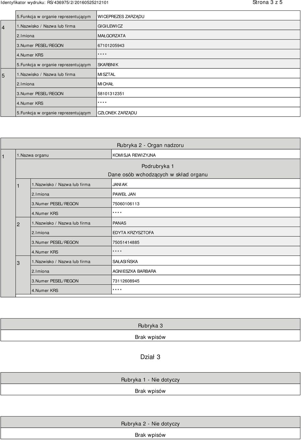 Nazwa organu KOMISJA REWIZYJNA Podrubryka 1 Dane osób wchodzących w skład organu 1 1.Nazwisko / Nazwa lub firma JANIAK PAWEŁ JAN 3.