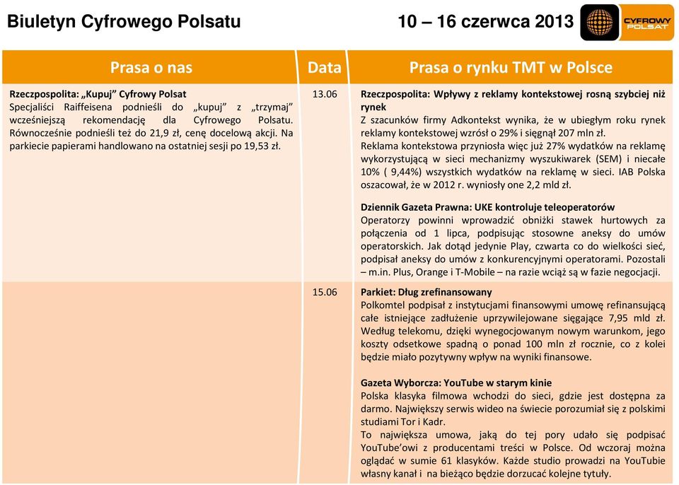 06 Rzeczpospolita: Wpływy z reklamy kontekstowej rosną szybciej niż rynek Z szacunków firmy Adkontekst wynika, że w ubiegłym roku rynek reklamy kontekstowej wzrósł o 29% i sięgnął 207 mln zł.