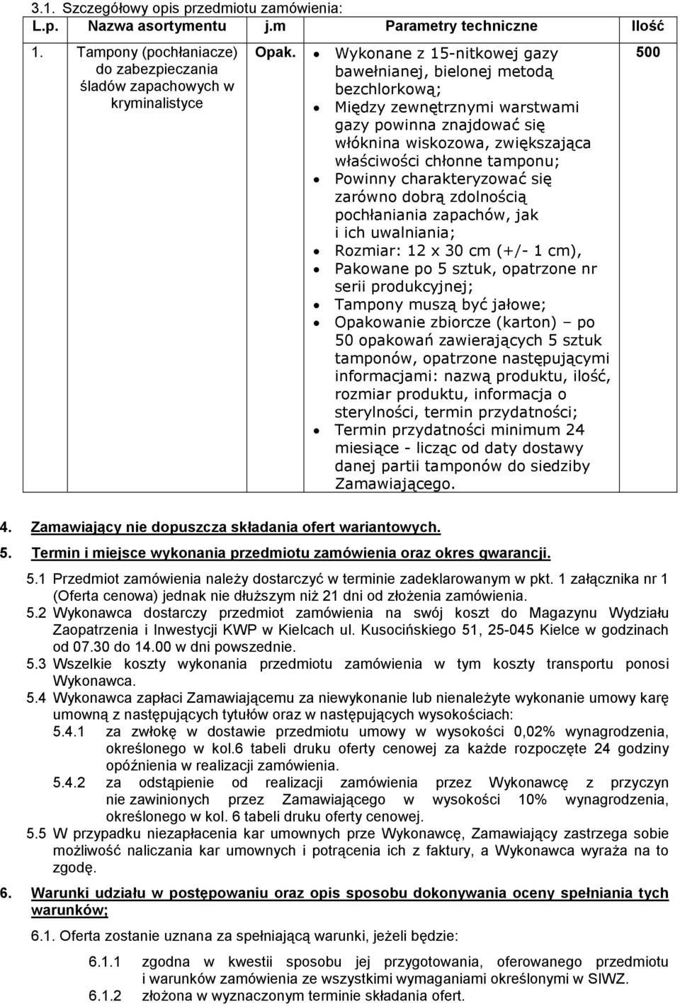 charakteryzować się zarówno dobrą zdolnością pochłaniania zapachów, jak i ich uwalniania; Rozmiar: 12 x 30 cm (+/- 1 cm), Pakowane po 5 sztuk, opatrzone nr serii produkcyjnej; Tampony muszą być