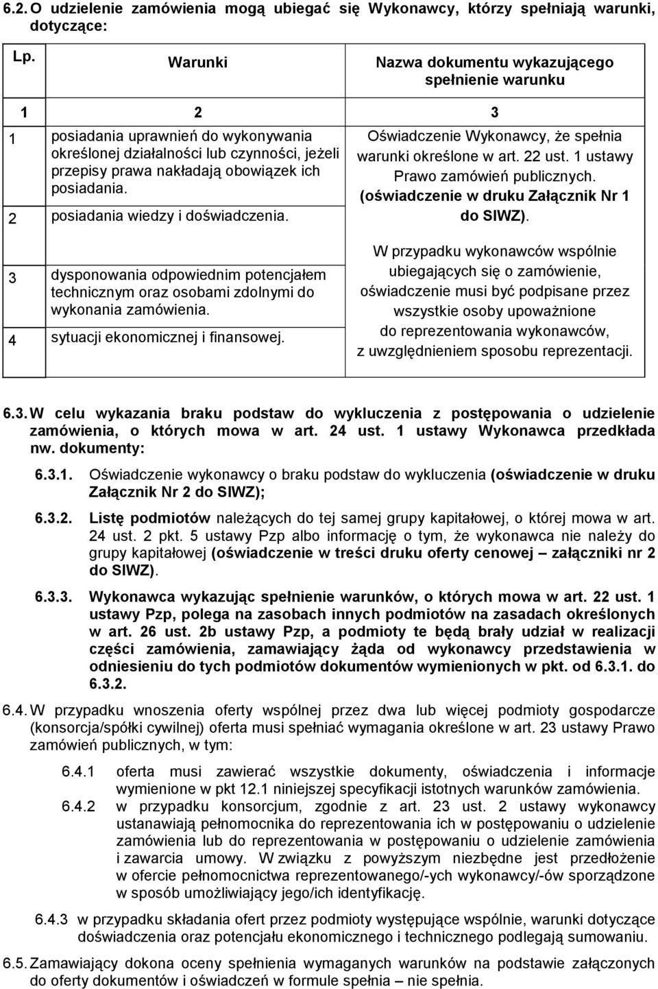 2 posiadania wiedzy i doświadczenia. Oświadczenie Wykonawcy, że spełnia warunki określone w art. 22 ust. 1 ustawy Prawo zamówień publicznych. (oświadczenie w druku Załącznik Nr 1 do SIWZ).