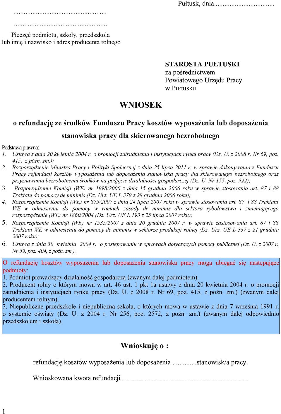 bezrobotnego Podstawa prawna: 1. Ustawa z dnia 20 kwietnia 2004 r. o promocji zatrudnienia i instytucjach rynku pracy (Dz. U. z 2008 r. Nr 69, poz. 415, z późn. zm.); 2.