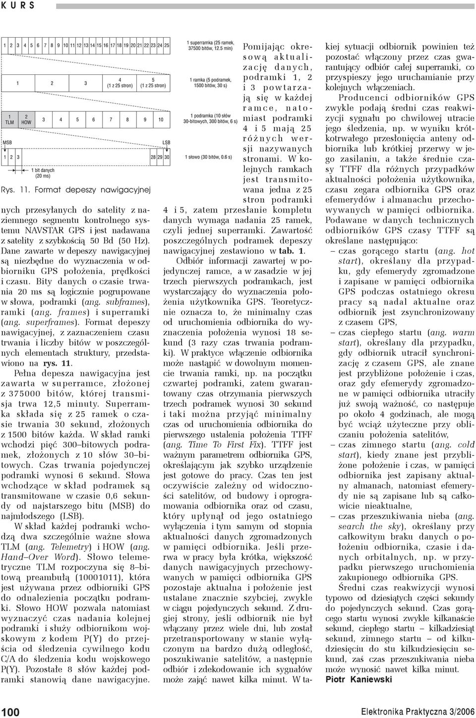 subframes), ramki (ang. frames) i superramki (ang. superframes). Format depeszy nawigacyjnej, z zaznaczeniem czasu trwania i liczby bitów w poszczególnych elementach struktury, przedstawiono na rys.