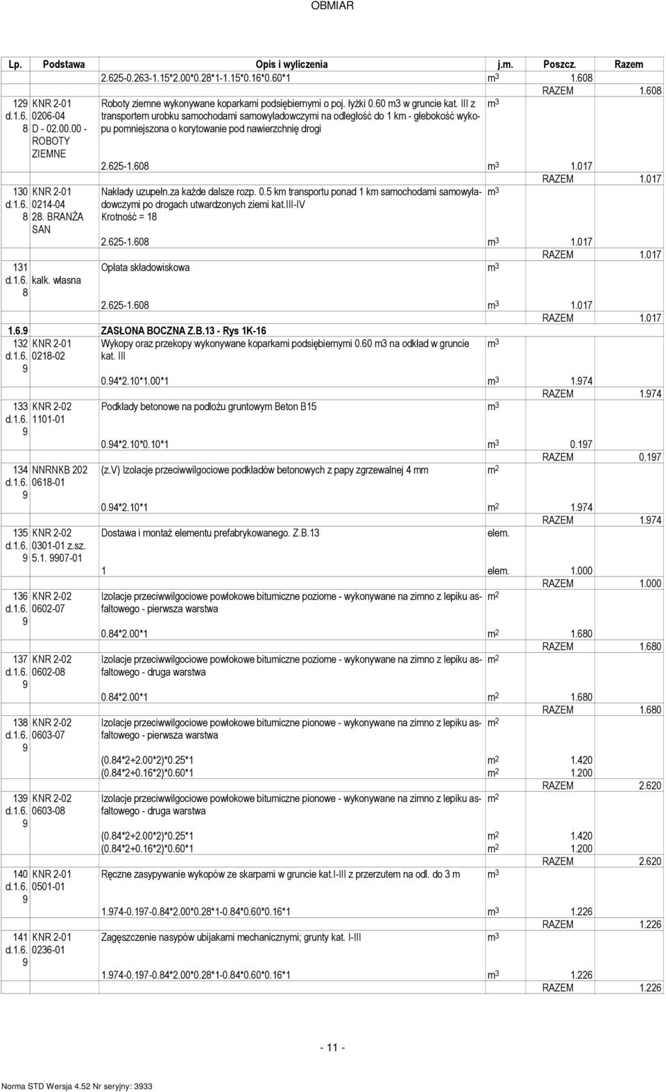 III z transporte urobku saochodai saowyładowczyi na odległość do 1 k - głebokość wykopu poniejszona o korytowanie pod nawierzchnię drogi.65-1.608 1.017 RAZEM 1.017 Nakłady uzupełn.
