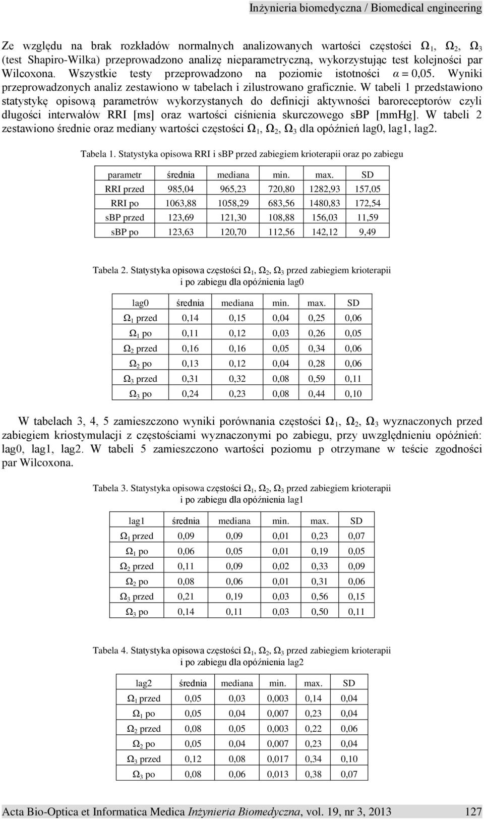 W tabeli 1 przedstawiono statystykę opisową parametrów wykorzystanych do definicji aktywności baroreceptorów czyli długości interwałów RRI [ms] oraz wartości ciśnienia skurczowego sbp [mmhg].
