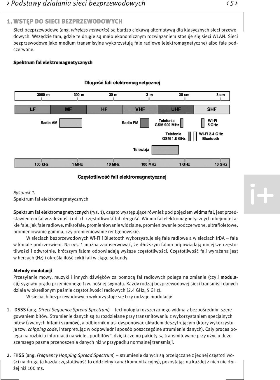 Sieci bezprzewodowe jako medium transmisyjne wykorzystują fale radiowe (elektromagnetyczne) albo fale podczerwone. Spektrum fal elektromagnetycznych Rysunek 1.