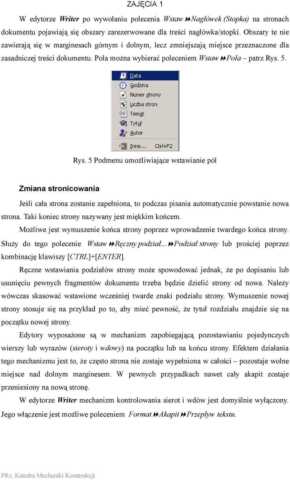 5. Rys. 5 Podmenu umożliwiające wstawianie pól Zmiana stronicowania Jeśli cała strona zostanie zapełniona, to podczas pisania automatycznie powstanie nowa strona.