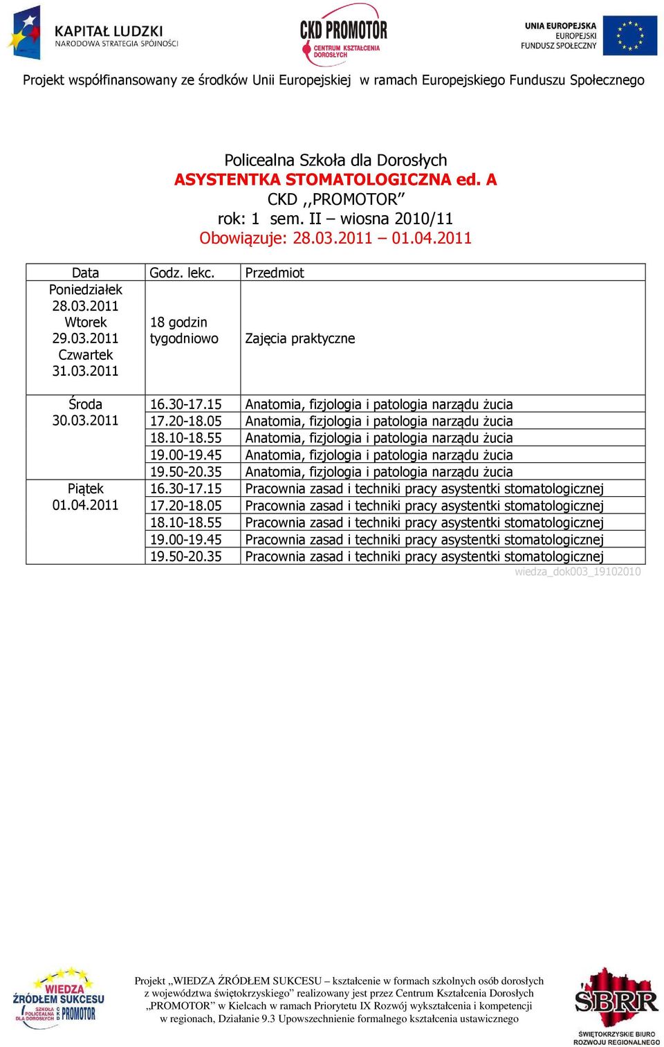 35 Anatomia, fizjologia i patologia narządu żucia 16.3017.15 Pracownia zasad i techniki pracy asystentki stomatologicznej 17.2018.