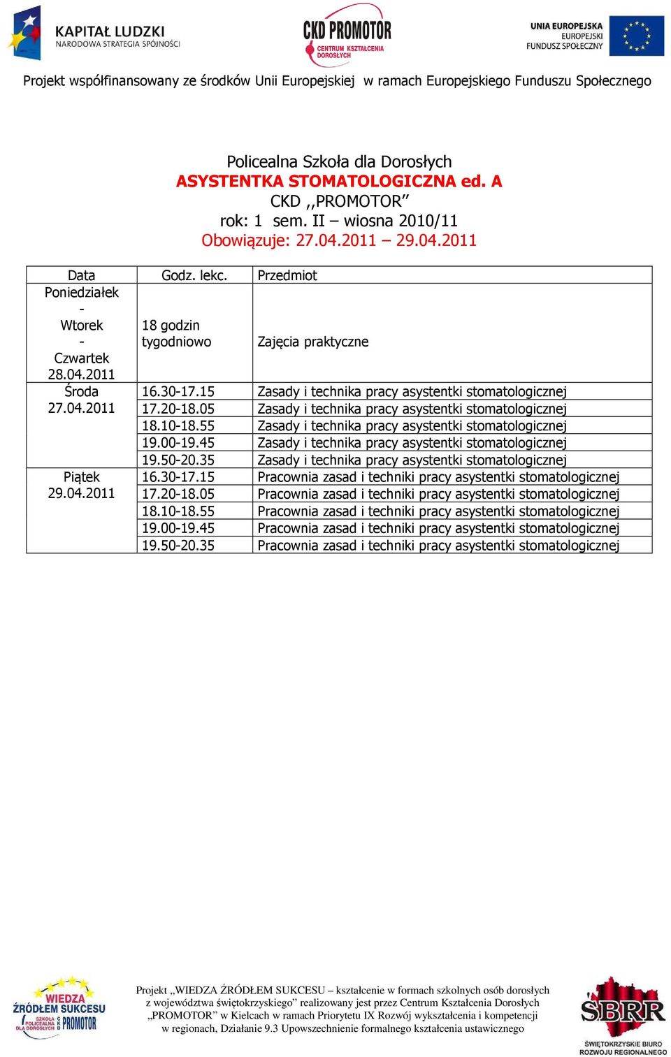 5020.35 Zasady i technika pracy asystentki stomatologicznej 16.3017.15 Pracownia zasad i techniki pracy asystentki stomatologicznej 17.2018.