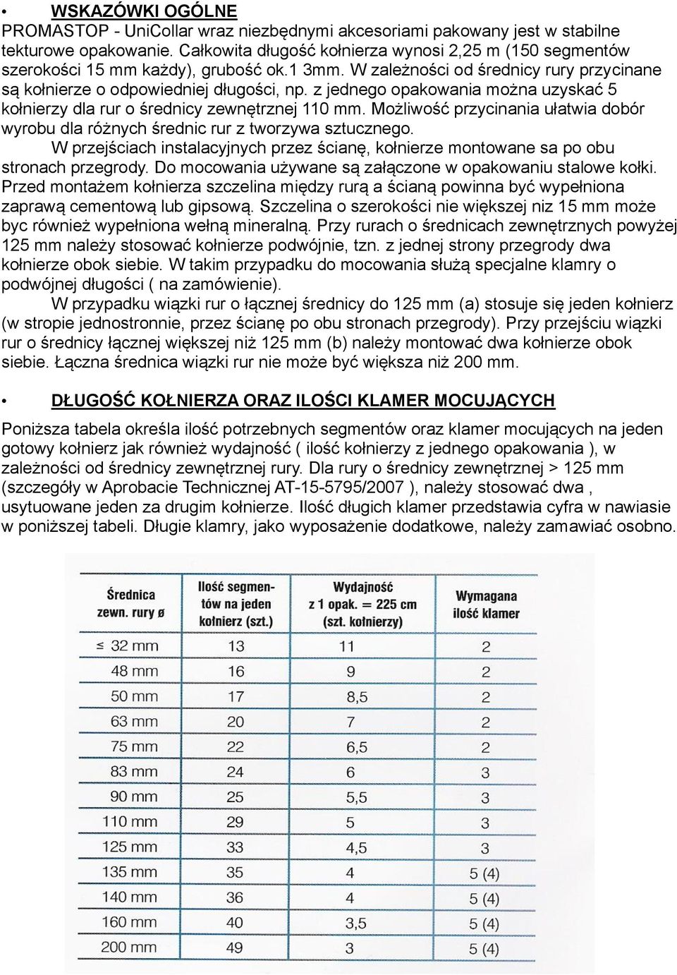 z jednego opakowania można uzyskać 5 kołnierzy dla rur o średnicy zewnętrznej 110 mm. Możliwość przycinania ułatwia dobór wyrobu dla różnych średnic rur z tworzywa sztucznego.