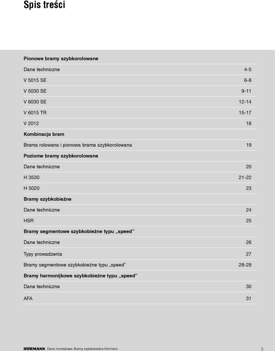 21-22 H 5020 23 Bramy szybkobieżne Dane techniczne 24 HSR 25 Bramy segmentowe szybkobieżne typu speed Dane techniczne 26 Typy