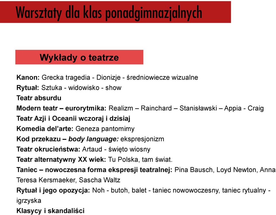 ekspresjonizm Teatr okrucieństwa: Artaud - święto wiosny Teatr alternatywny XX wiek: Tu Polska, tam świat.