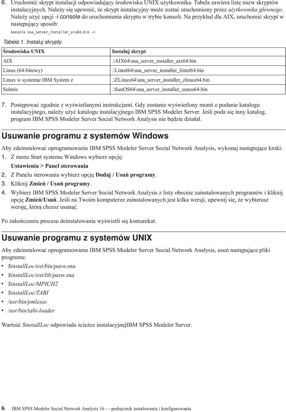 Na przykład dla AIX, uruchomić skrypt w następujący sposób: konsola sna_server_installer_aix64.bin -i Tabela 1. Instaluj skrypty.