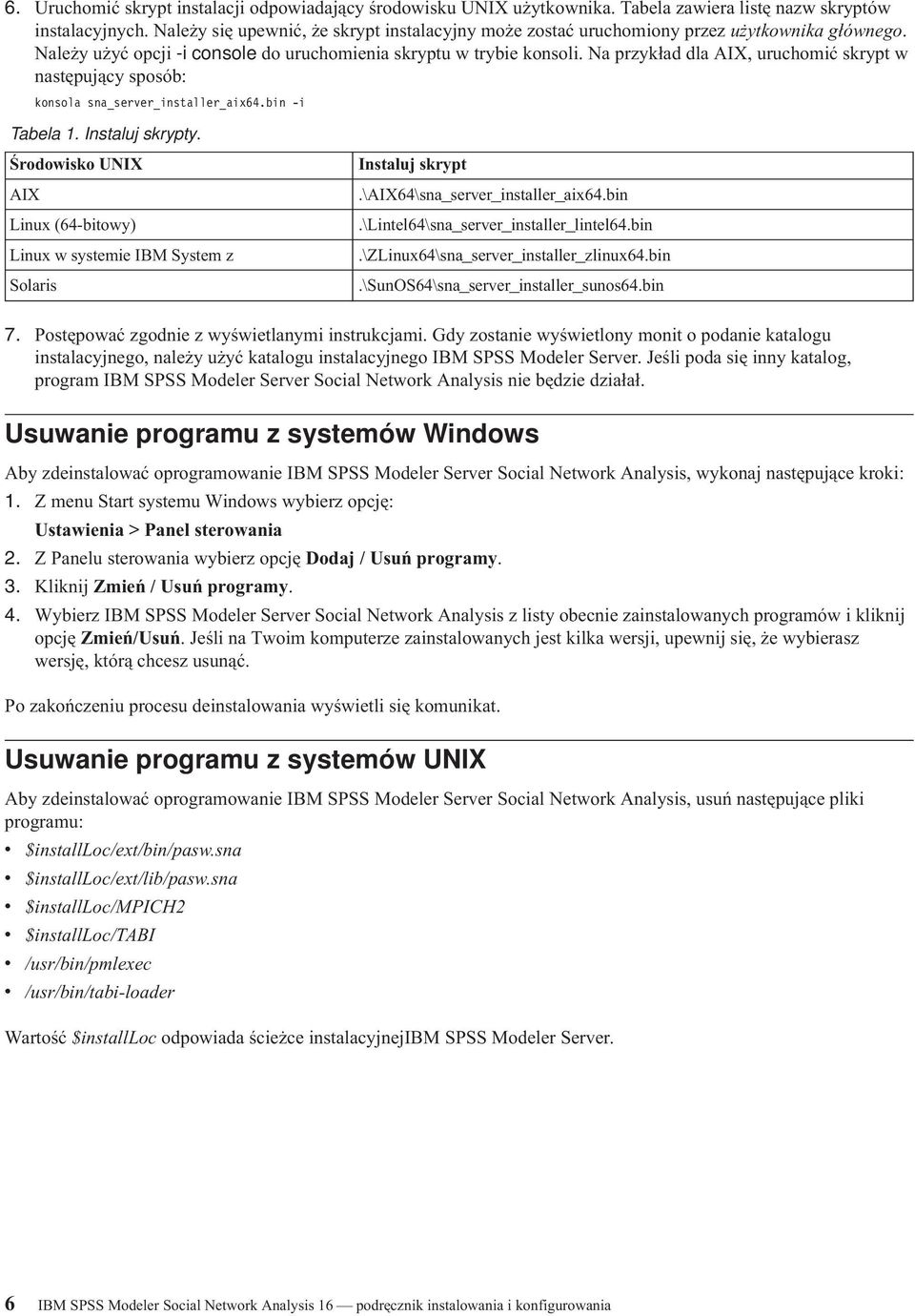 Na przykład dla AIX, uruchomić skrypt w następujący sposób: konsola sna_server_installer_aix64.bin -i Tabela 1. Instaluj skrypty.