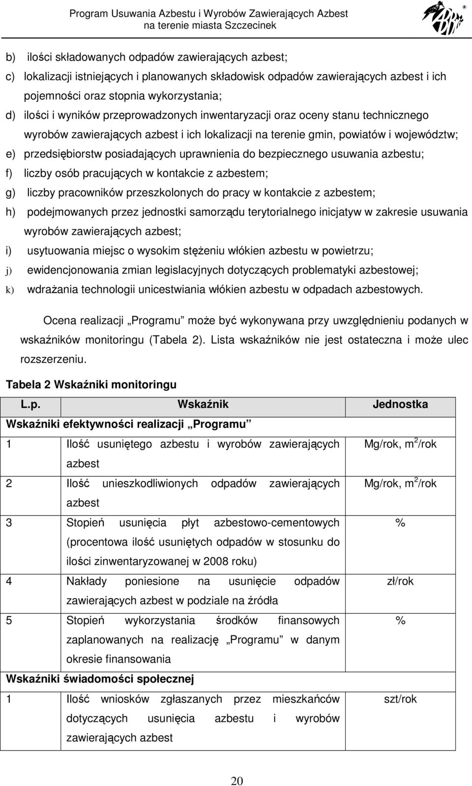 bezpiecznego usuwania azbestu; f) liczby osób pracujących w kontakcie z azbestem; g) liczby pracowników przeszkolonych do pracy w kontakcie z azbestem; h) podejmowanych przez jednostki samorządu
