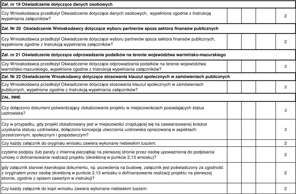wypełnione zgodnie z Instrukcją wypełniania załączników? Zał.