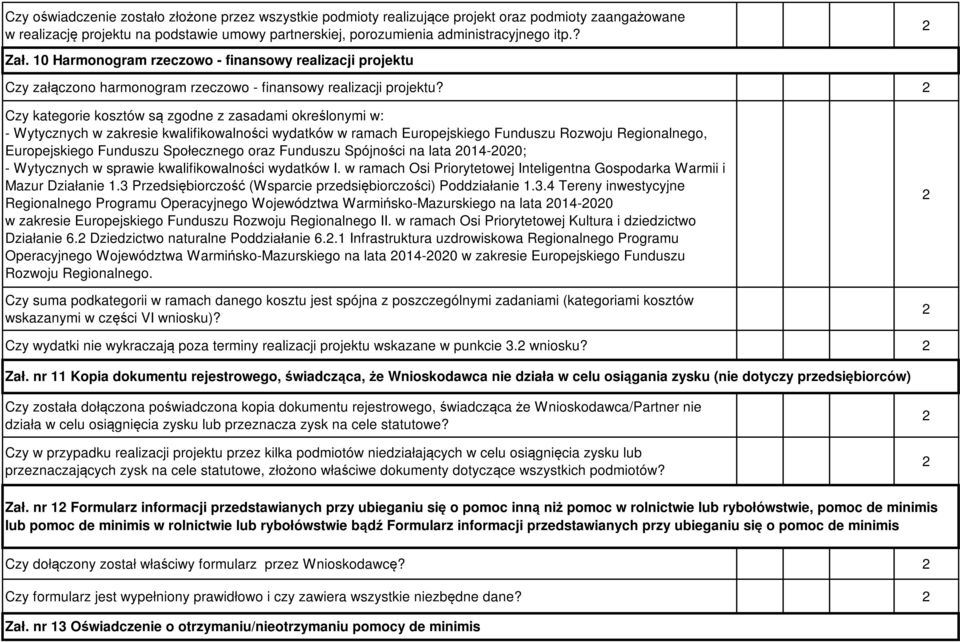 Czy kategorie kosztów są zgodne z zasadami określonymi w: - Wytycznych w zakresie kwalifikowalności wydatków w ramach Europejskiego Funduszu Rozwoju Regionalnego, Europejskiego Funduszu Społecznego