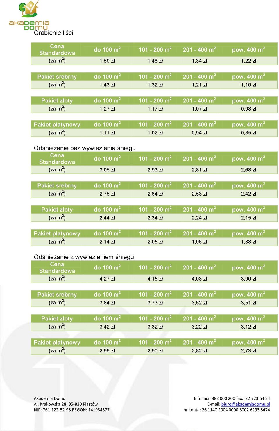 400 m (za m ) 1,11 zł 1,0 zł 0,94 zł 0,85 zł Odśnieżanie bez wywiezienia śniegu do 100 m 101-00 m 01-400 m pow. 400 m (za m ) 3,05 zł,93 zł,81 zł,68 zł Pakiet srebrny do 100 m 101-00 m 01-400 m pow.