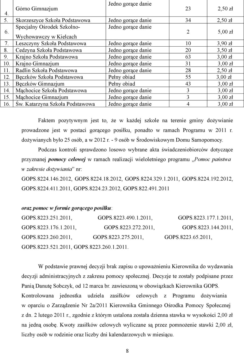 Krajno Gimnazjum Jedno gorące danie 31 3,00 zł 11. Radlin Szkoła Podstawowa Jedno gorące danie 28 2,50 zł 12. Bęczków Szkoła Podstawowa Pełny obiad 55 3,00 zł 13.