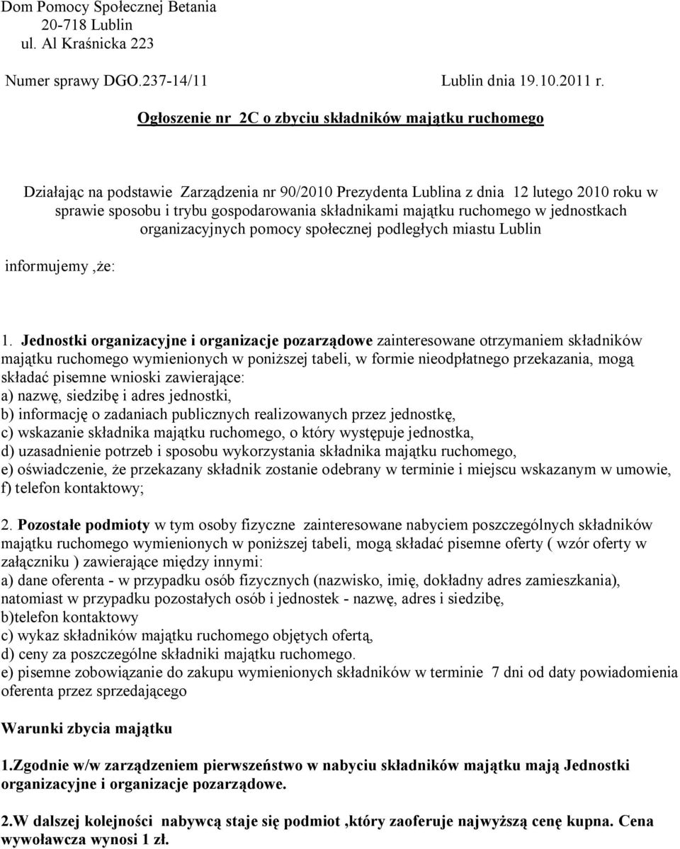 majątku ruchomego w jednostkach organizacyjnych pomocy społecznej podległych miastu Lublin informujemy,że: 1.